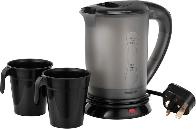 VonShef 0.5L Travel Kettle – with 2 Stackable Cups, 650W, Auto Shut-Off