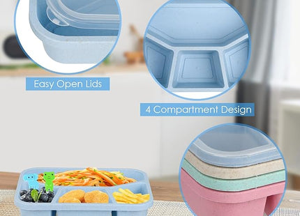 Voency 4 Pack Bento Lunch Box – 4-Compartment Reusable Snack Container with Transparent Lids, Stackable & Dishwasher Safe, 1200ml