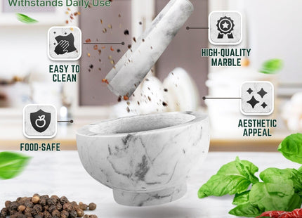 Flexzion Marble Mortar and Pestle Set – Solid White/Gray Stone Grinder Bowl