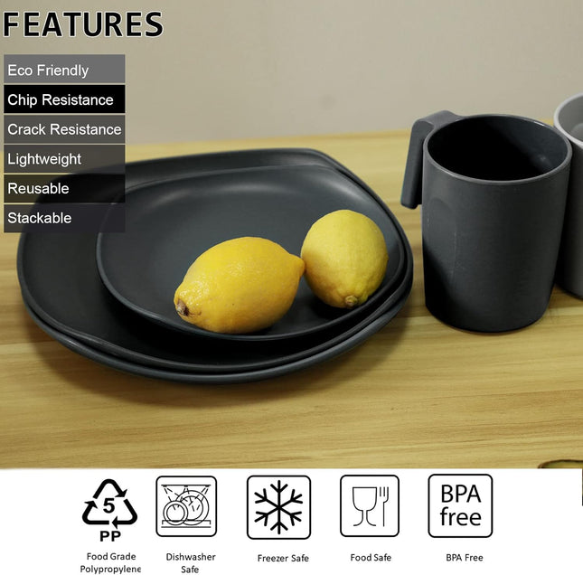 Greentainer 16-Piece Dinnerware Set – Plastic Plates, Bowls, Cups