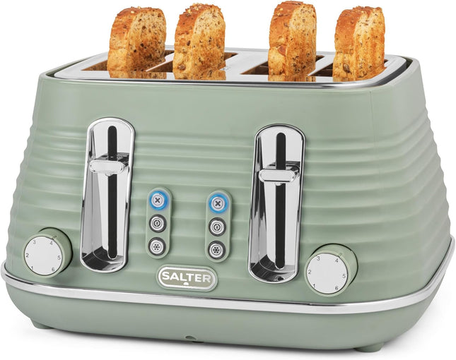 Salter Ripple 4-Slice Toaster – Wide Slot, Sage Green, 6 Browning Levels
