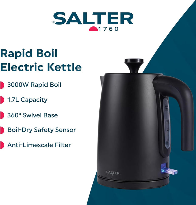 Salter Kuro 1.7L Electric Kettle – 3000W Rapid Boil, Matte Black