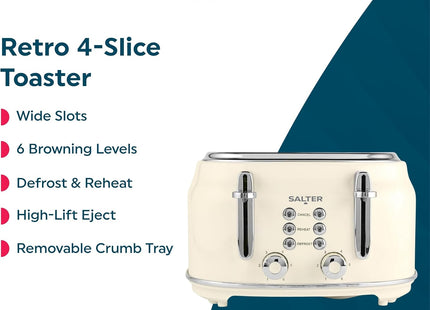Salter Retro Cream 4-Slice Toaster – Wide Slots, 6 Browning Levels, 1630W