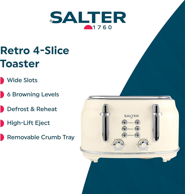 Salter Retro Cream 4-Slice Toaster – Wide Slots, 6 Browning Levels, 1630W