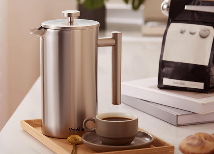 VonShef 12 Cup Cafetiere with 2-in-1 Spoon – 1.5L Stainless Steel