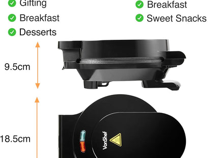 VonShef 3-in-1 Waffle, Doughnut & Brownie Maker – 800W, Non-Stick Removable Plates, Cool Touch Handle, Compact Design – Black