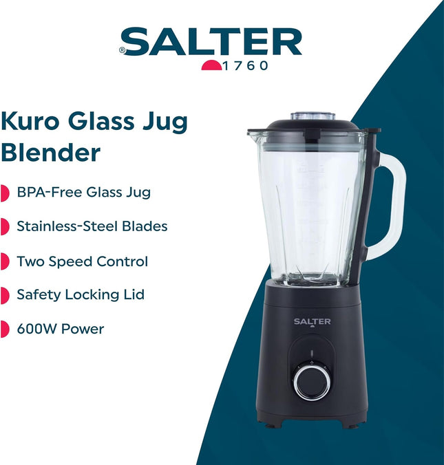 Salter Kuro Glass Jug Blender – 1.5L Smoothie Maker, 600W, Black