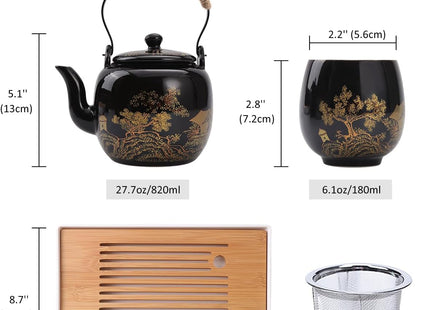 Dujust Japanese Tea Set – Black Porcelain with Golden Countryside Design