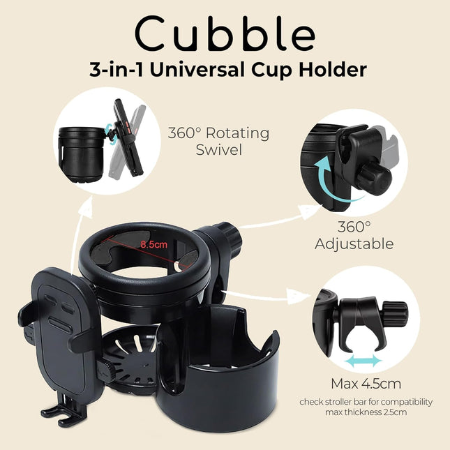 Cubble 3-in-1 Universal Cup & Phone Holder – For Prams, Bicycles & Wheelchairs
