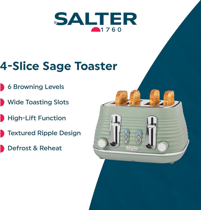 Salter Ripple 4-Slice Toaster – Wide Slot, Sage Green, 6 Browning Levels
