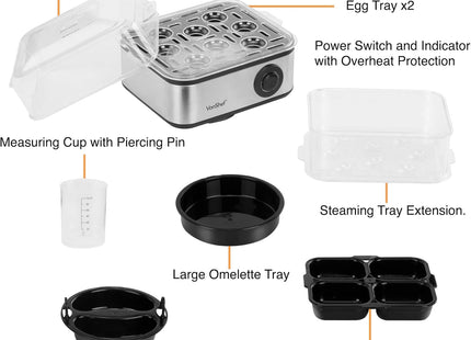 VonShef 3-in-1 Egg Boiler, Poacher & Omelette Maker – 16 Egg Capacity, Stainless Steel 500W Electric Cooker with Auto Shut-Off
