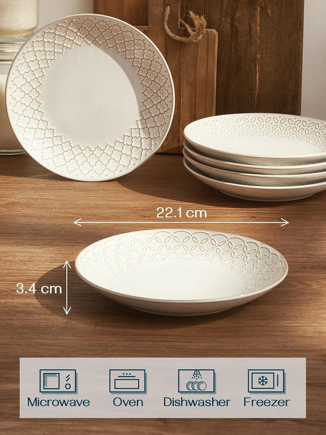 DOWAN 6 Piece Side Plate Set 21.5cm – Vintage White Stoneware Salad & Dessert Plates