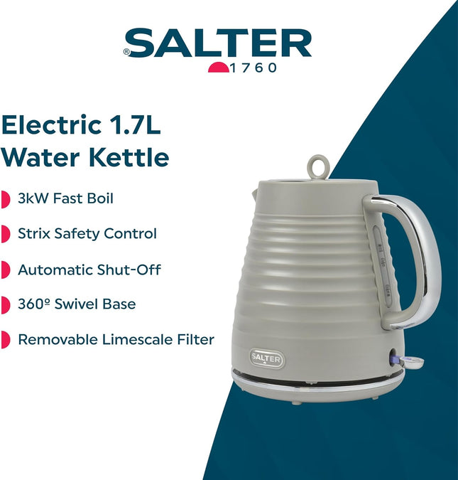 Salter Ripple Rapid Boil Kettle – 1.7L Electric 3kW Kettle, Taupe Textured Design