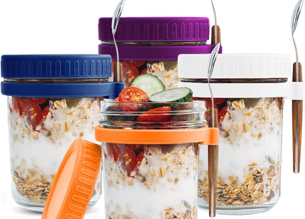 SMARCH Overnight Oats Jars with Lid & Spoon Set – 4-Pack (16oz, Multicolour)