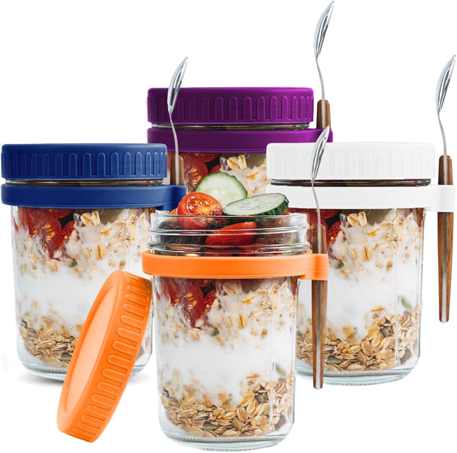 SMARCH Overnight Oats Jars with Lid & Spoon Set – 4-Pack (16oz, Multicolour)