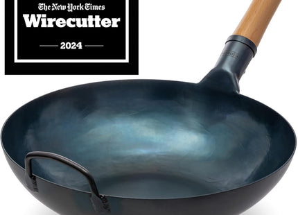 YOSUKATA 34 cm Blue Carbon Steel Wok Pan – Pre-Seasoned Flat Bottom