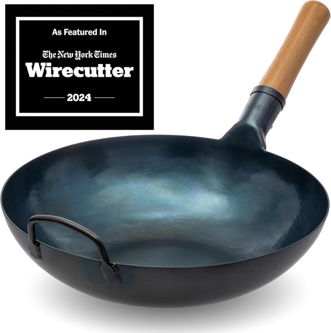 YOSUKATA 34 cm Blue Carbon Steel Wok Pan – Pre-Seasoned Flat Bottom