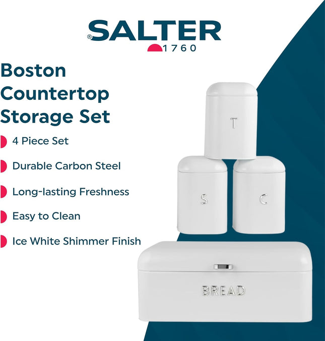 Salter Boston 4-Piece Countertop Set – Bread Bin & Canisters, Ice White