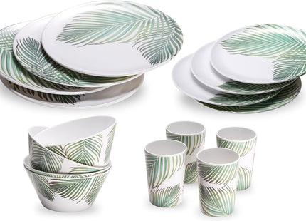 VonShef 16-Piece Melamine Dinnerware Set – Leaf Print Outdoor Dining Collection