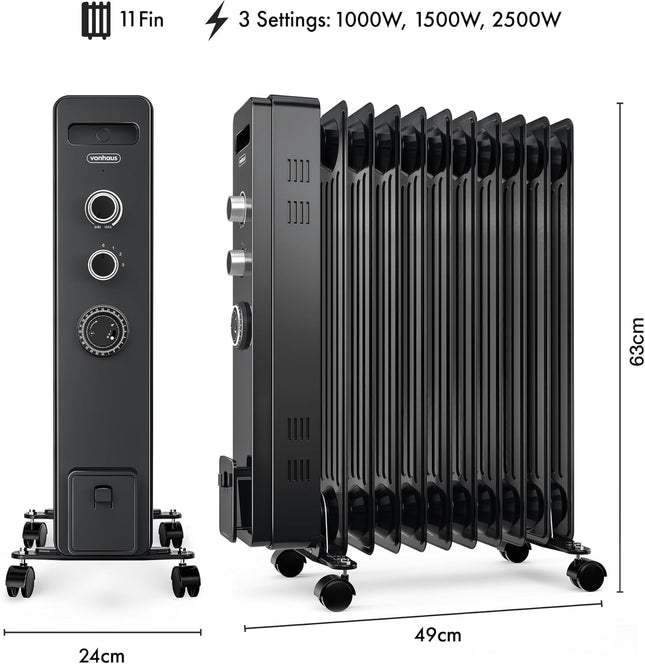 VonHaus 11 Fin Oil Filled Radiator with Timer – 2500W Electric Heater, Black