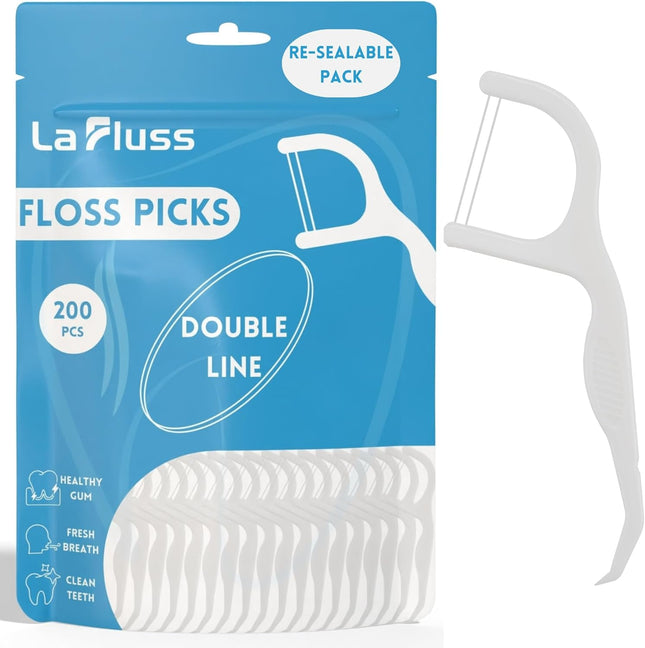 La Fluss Dental Floss Picks – 200pcs Double-Line Floss