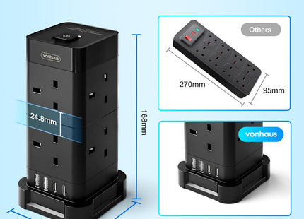 VonHaus 12-in-1 Surge Protected Tower Extension Lead – 2M Cable