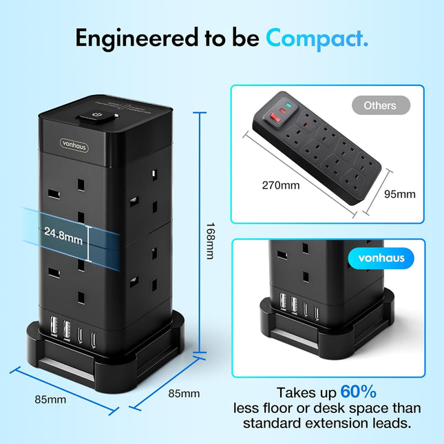 VonHaus 12-in-1 Surge Protected Tower Extension Lead – 2M Cable