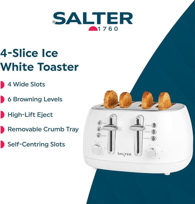 Salter Boston 4-Slice Toaster – Wide Slots, 6 Browning Levels, Ice White