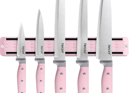 hecef 5-Piece Knife Set with Magnetic Holder – Stainless Steel Knives with Pink Handles