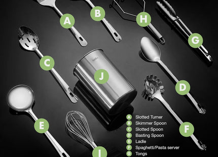 VonShef 10-Piece Kitchen Utensil Set – Stainless Steel with Storage Holder