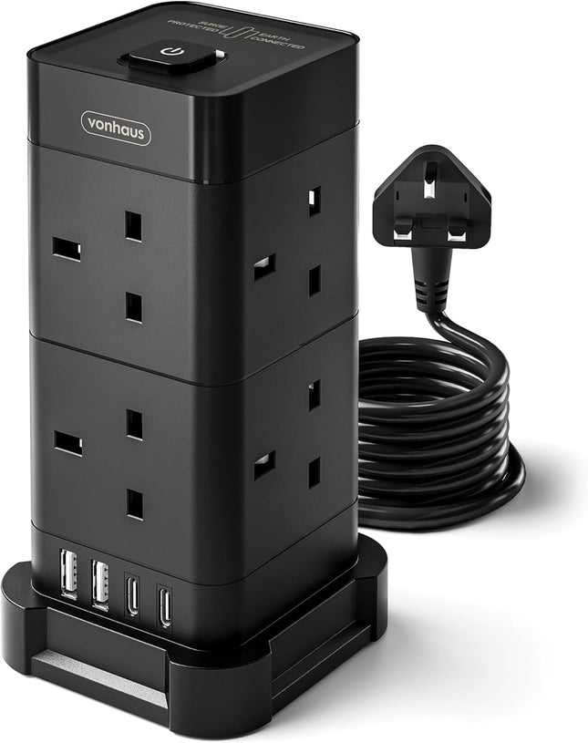 VonHaus 12-in-1 Surge Protected Tower Extension Lead – 2M Cable