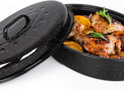 VonShef 38cm Enamel Roaster with Lid – Deep Oval Self-Basting Roasting Tin (4L)