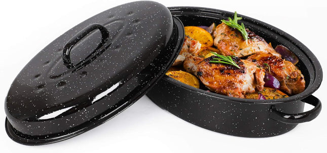VonShef 38cm Enamel Roaster with Lid – Deep Oval Self-Basting Roasting Tin (4L)