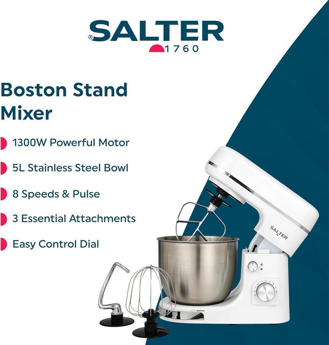 Salter Boston Stand Mixer 5L – 1300W 8 Speed Kitchen Mixer with Attachments