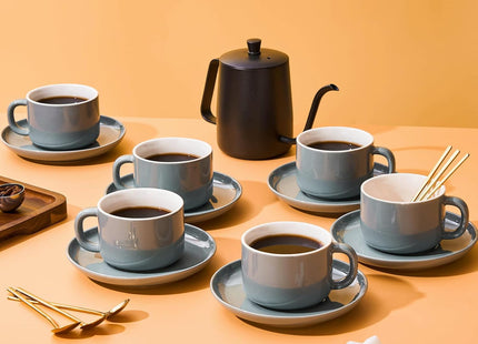 CHILDIKE Porcelain Coffee Cup & Saucer Set with Gold Spoons – Grey