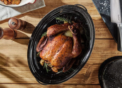 VonShef 38cm Enamel Roaster with Lid – Deep Oval Self-Basting Roasting Tin (4L)