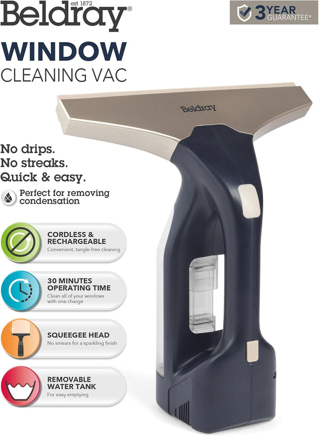Beldray Cordless Window Cleaning Vacuum – Rechargeable Glass Cleaner Navy