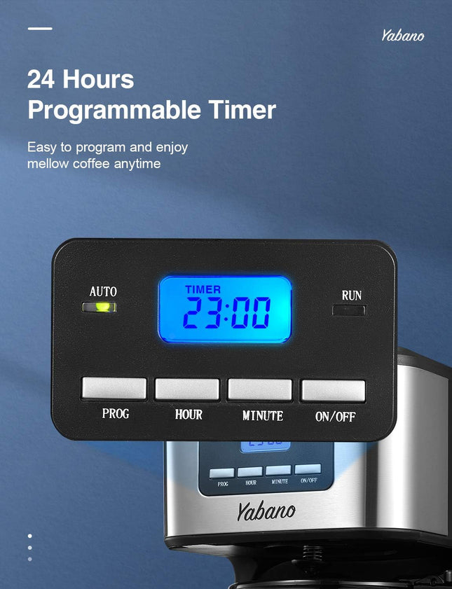 Yabano Programmable Coffee Maker – 1.5L Drip Machine with Timer