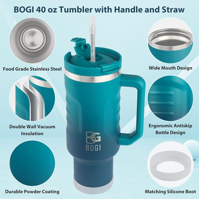 BOGI 40oz Insulated Tumbler with Handle, Straw & Leakproof Lid