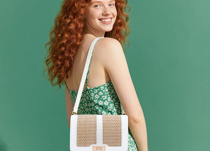 FALETO Straw Crossbody Bag – Flap Handbag with Vegan Leather Stitching