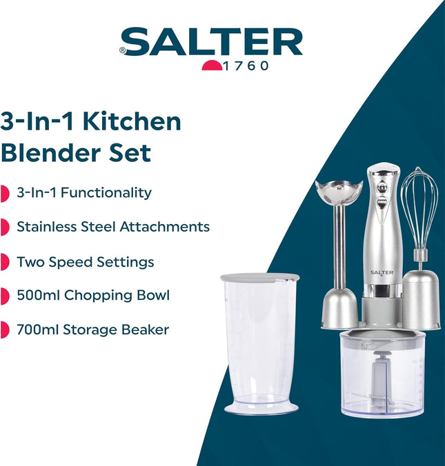 Salter Aspen 3-In-1 Hand Blender Set – Whisk, Blend & Chop, Silver
