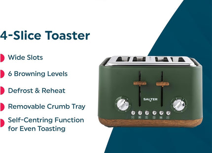 Salter Toronto 4-Slice Toaster – Wide Slots, Wood Effect Finish, Green, 1630W