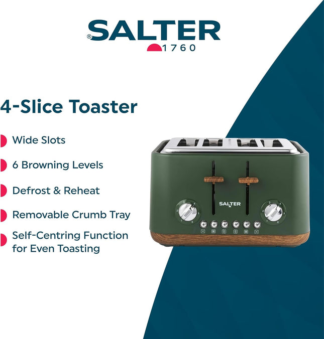 Salter Toronto 4-Slice Toaster – Wide Slots, Wood Effect Finish, Green, 1630W