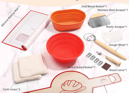 DOQAUS Banneton Bread Proofing Basket Set – 10-Piece Silicone Sourdough Kit with Oval & Round Baskets, Baking Mats, Scrapers, Lame & Whisk – Dishwasher & Oven Safe