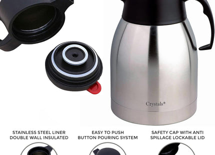 Crystals 2L Thermal Flask Coffee Carafe – Stainless Steel insulated Jug for Hot & Cold Drinks