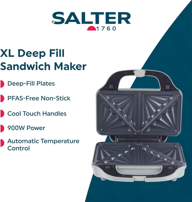 Salter Aspen XL Deep Fill Toastie Maker – 900W Sandwich & Panini Grill, Silver
