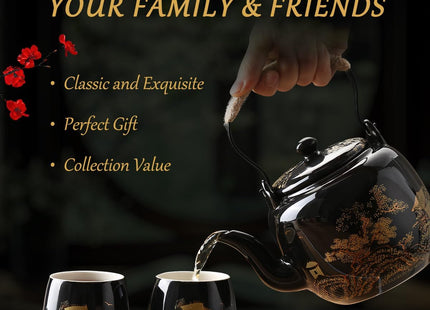 Dujust Japanese Tea Set – Black Porcelain with Golden Countryside Design