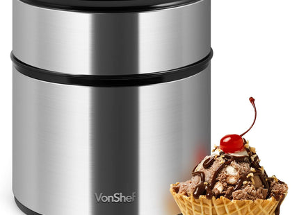 VonShef Ice Cream Maker Machine – 2L Frozen Yoghurt & Sorbet Maker, Stainless Steel