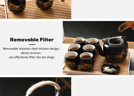 Dujust Japanese Tea Set – Black Porcelain with Golden Countryside Design