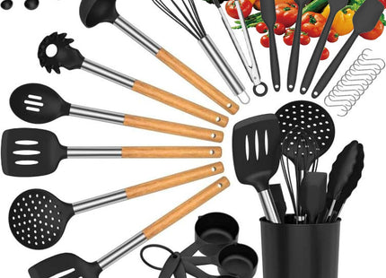 LVEON 33-Piece Silicone Kitchen Utensils Set – Wooden Handles – Black